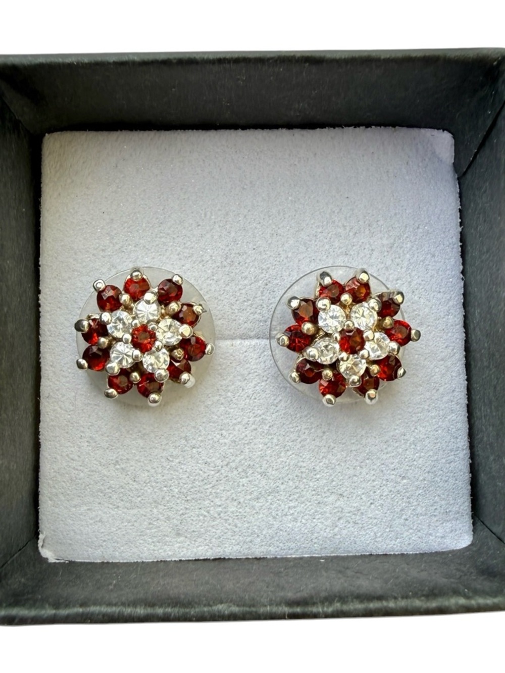 925 Sterling Silver Garnet & White Topaz Pierced Earrings Vintage - Picture 2 of 8